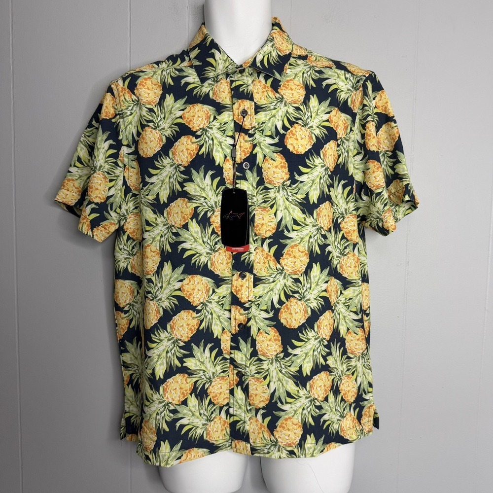 NWT Mens Greg Norman Tropical Pineapple Polo Shirt SIZE: S WHITE/NAVY/YELLOW